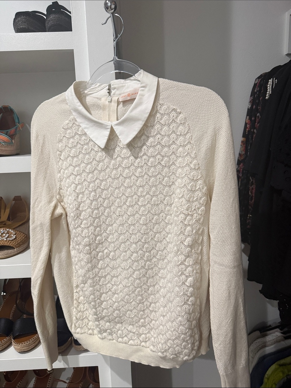 Tory Burch Cream Knit Sweater with Peter Pan Collar
